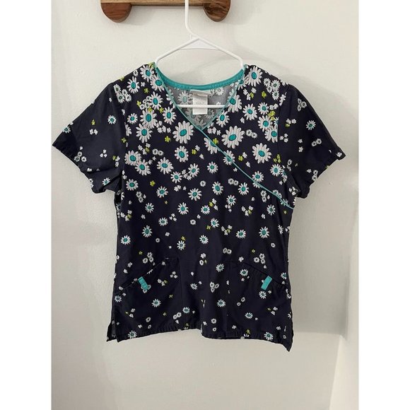 EUC ScrubStar Scrub Top Womens Gray Floral V Neck Short Sleeve Front Pockets - Picture 1 of 4